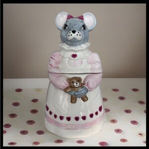 Vintage Ceramic Mouse Cookie Jar – Pink Dress with Teddy Bear – Made in Thailand